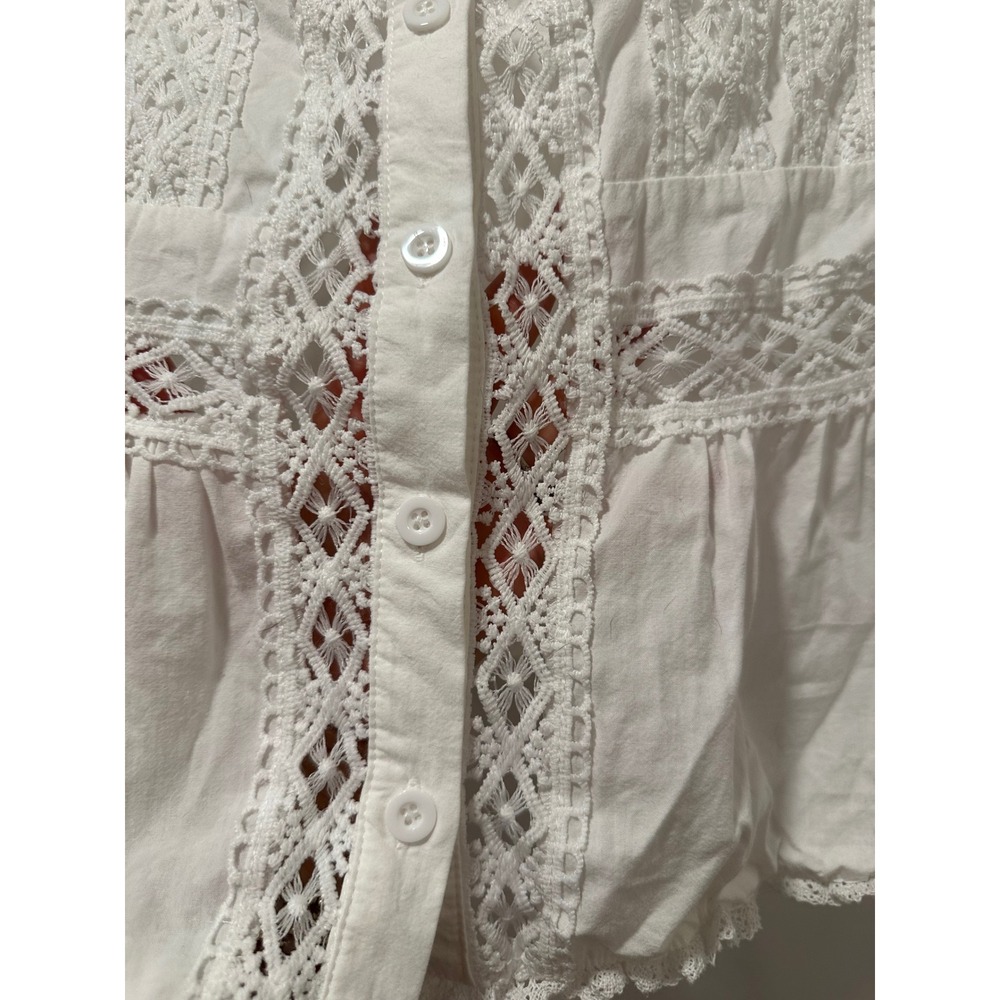 Dazy White Lace Boho Peplum Top Large Y2K Western Festival Crochet Button Up - Picture 7 of 12